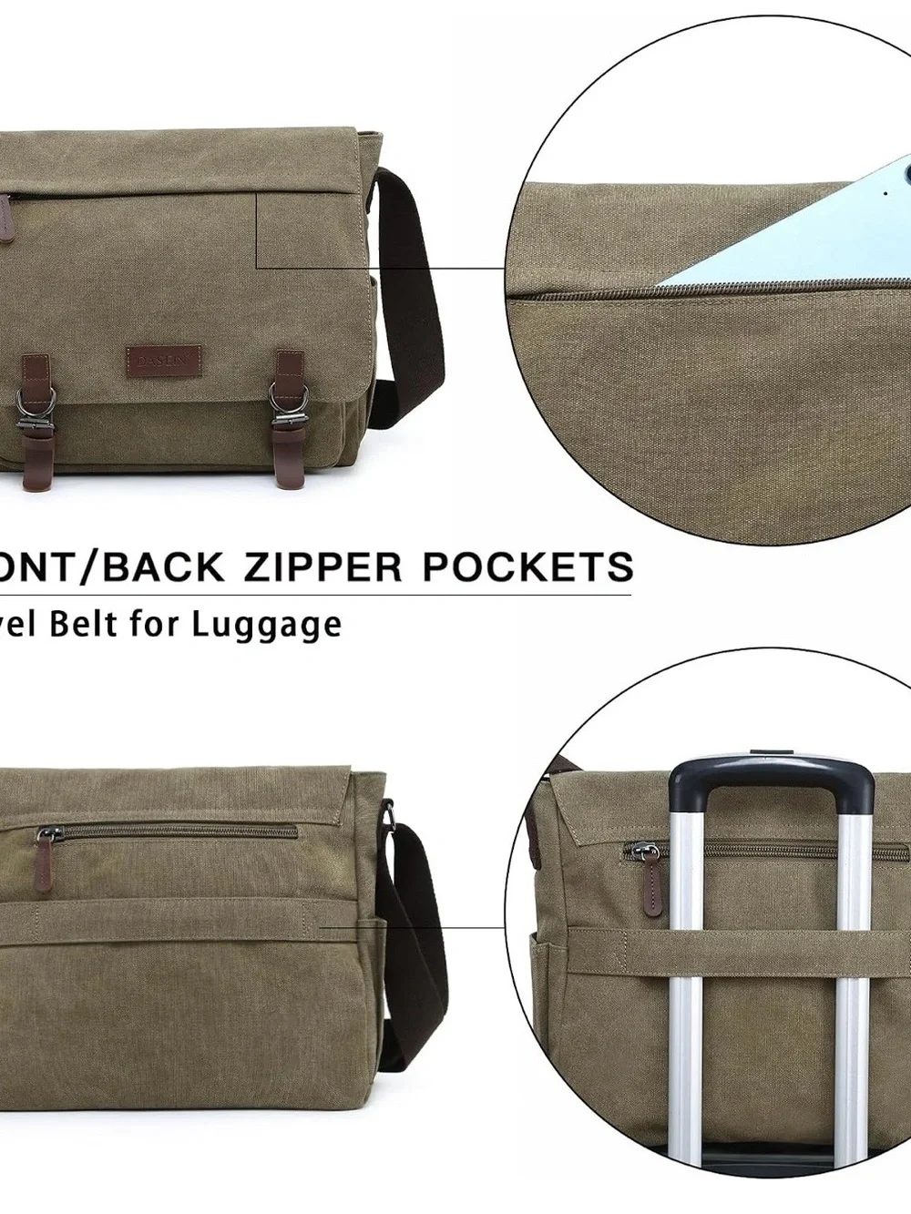 Dasein Large Vintage Canvas Messenger Shoulder Bag Army Green Crossbody Laptop